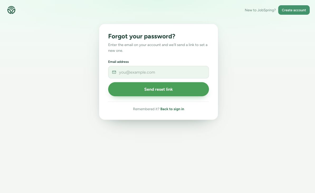 JobSpring password recovery page with an email field and Send reset link button.