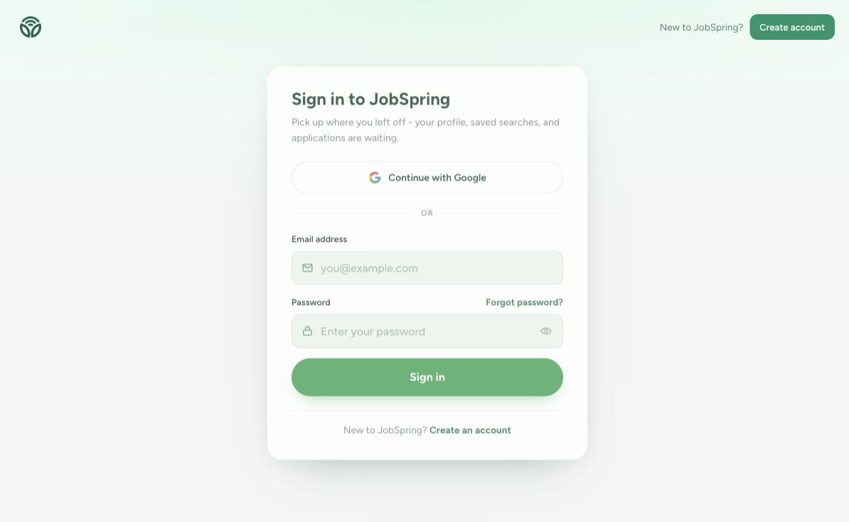 JobSpring sign-in page with Continue with Google, email and password fields, and the Forgot password link.