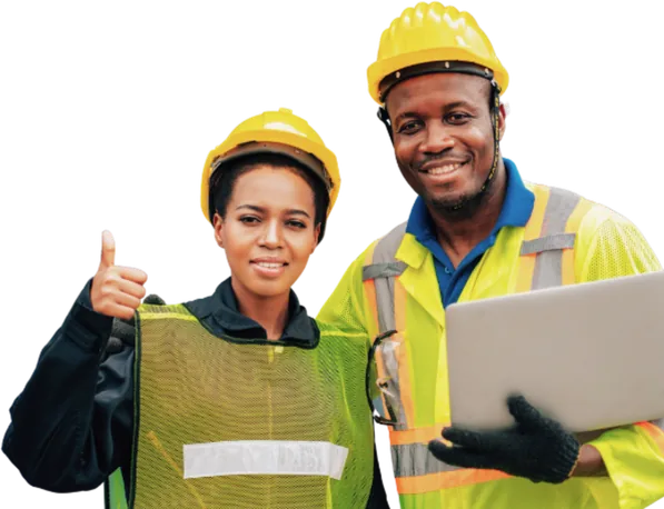 Two workers in hard hats holding a laptop and giving a thumbs-up.