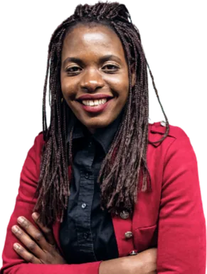 Woman in a maroon blazer with folded arms.