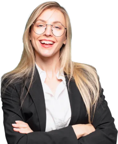 Woman wearing glasses and a black suit with folded arms.