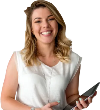Woman in a white blouse holding a tablet.
