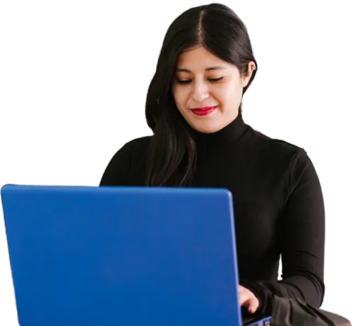 Woman in a black top working on a blue laptop.
