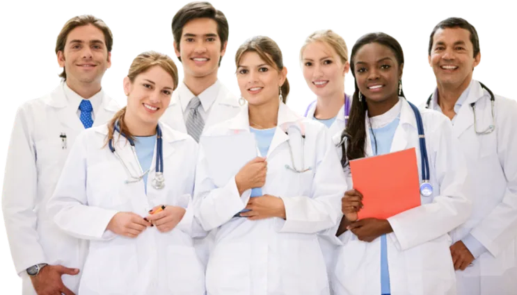 Medical colleagues standing together in white coats.