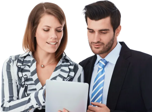 Two business colleagues reviewing a tablet together.