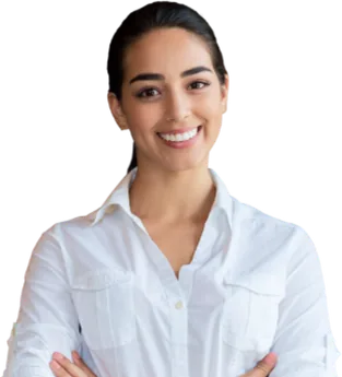 Woman in a white shirt with folded arms.