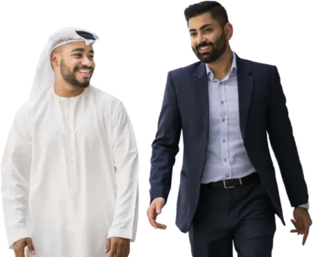 Two men walking together and talking.