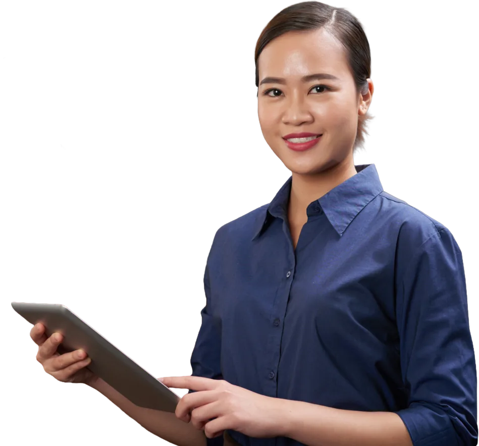 Woman in a blue shirt holding a tablet.