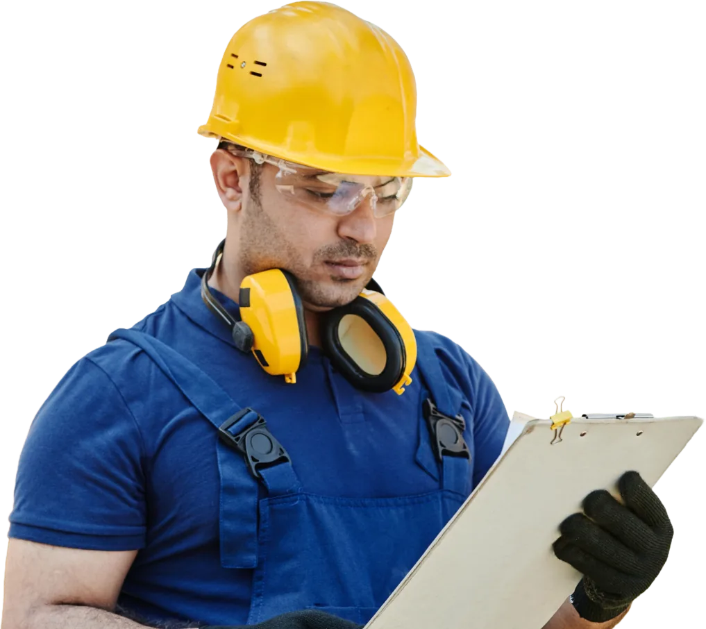 Man in a yellow hard hat reviewing a clipboard.